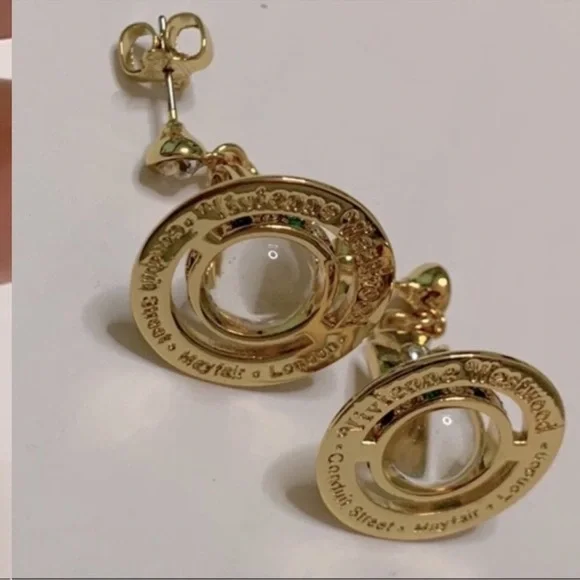 18k gold Plated crystal signature Saturn Orb drop earrings - Picture 2 of 8